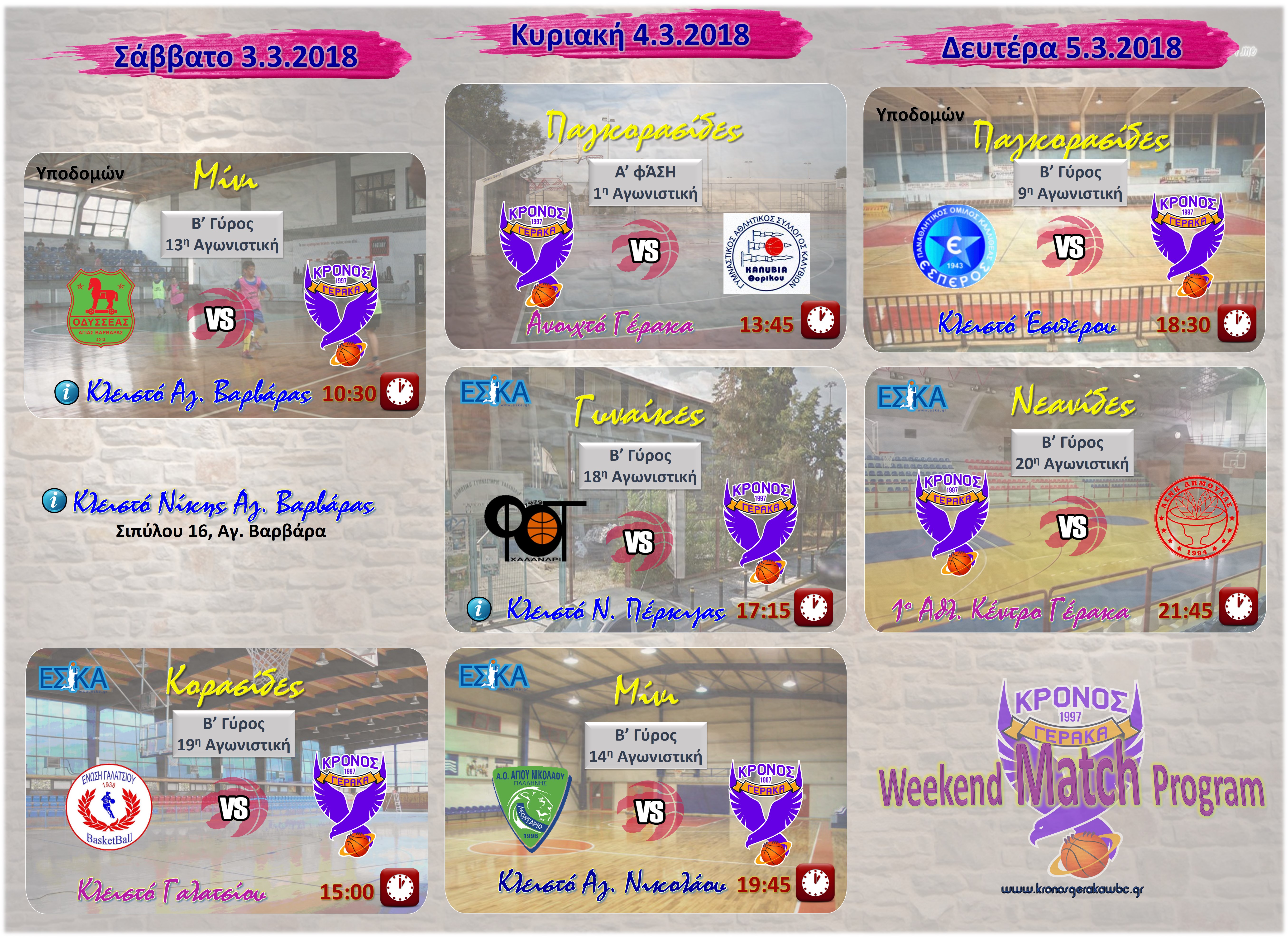 Πρόγραμμα Αγώνων Εβδομάδας 03-05.3.2018