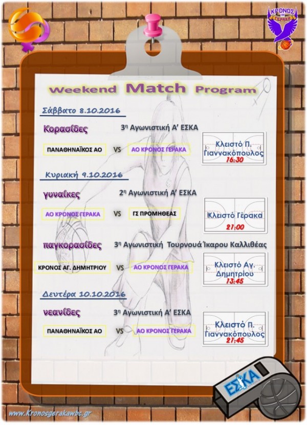 Πρόγραμμα Αγώνων Εβδομάδας 8.10-10.10.2016